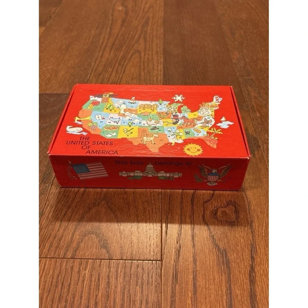 Vintage School Pencil Supply Box Holder United States Map Red